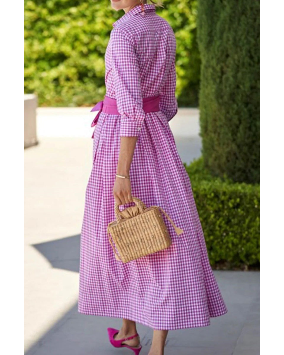 Chouyatou Women's Retro Plaid Button Up Maxi Shirt Dress 3/4 Sleeve Gingham Pocketed Long Dress with Belt