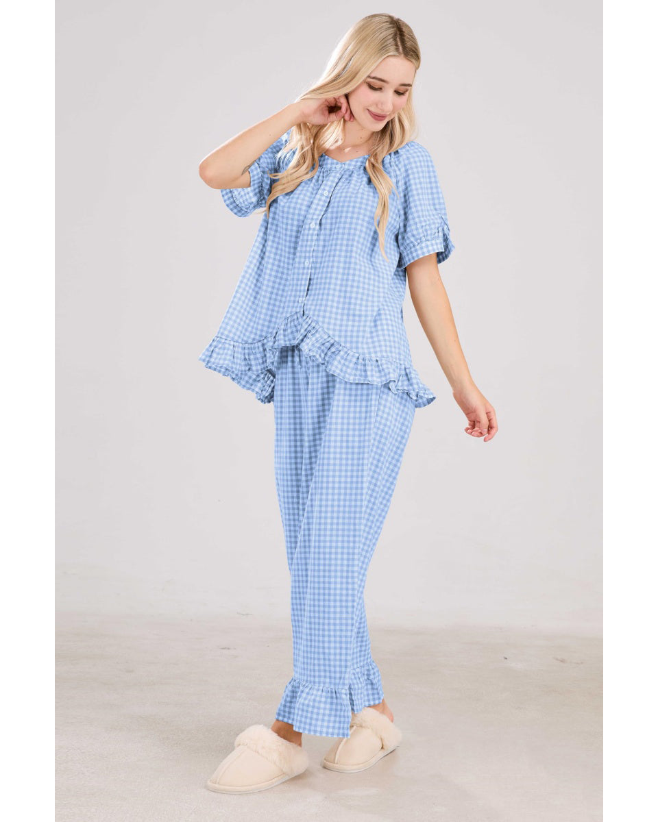Chouyatou Womens Gingham Pajama Set 2 Piece Short Sleeve Babydoll Shirt and Pants Lounge Set Cute Sleepwear