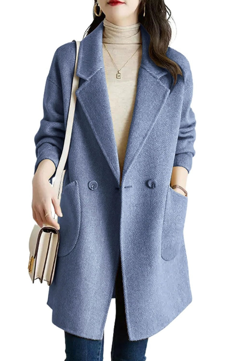 Chouyatou Women's Notch Lapel Herringbone Wool Coat Formal Office Work Double Breasted Winter Pea Coat