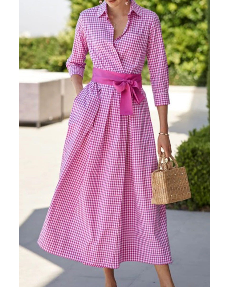 Chouyatou Women's Retro Plaid Button Up Maxi Shirt Dress 3/4 Sleeve Gingham Pocketed Long Dress with Belt