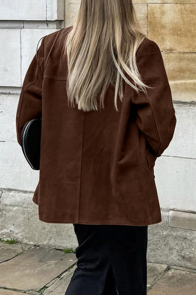 Chouyatou Women's Faux Suede Blazer Jacket Notched Lapel Single Breasted Faux Suede Leather Suit Jacket