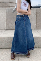 Chouyatou Women's Back Elastic High Waist A-Line Maxi Long Denim Jean Skirt