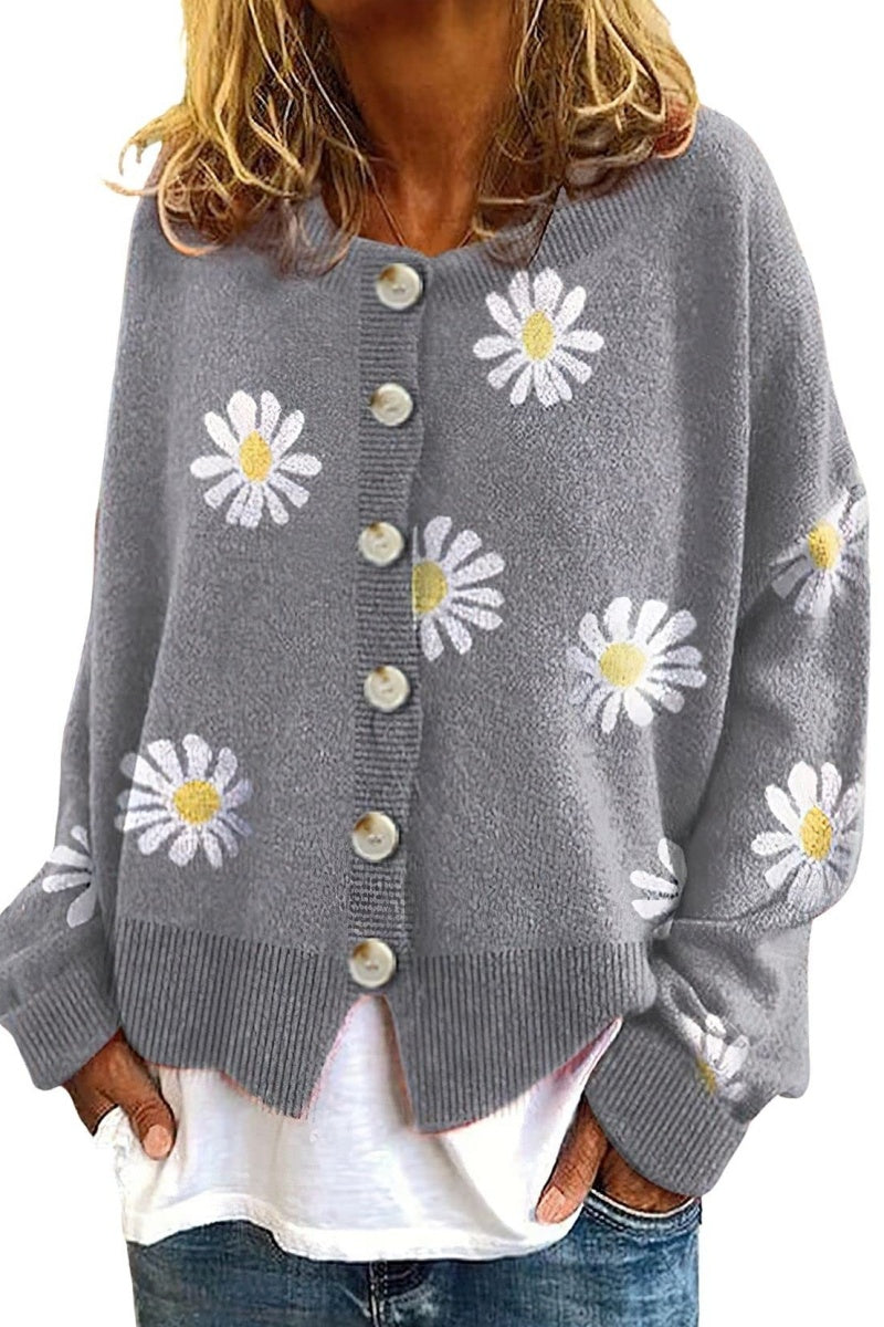Chouyatou Women's Vintage Floral Crop Cardigan Sweather Artistic Aesthetic Cable Knitted Oversized Sweater Outwear