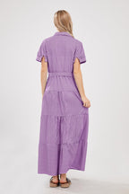 Chouyatou Womens Casual Short Sleeve Button Down Tie Waist Ruffled Striped Maxi Shirt Dress