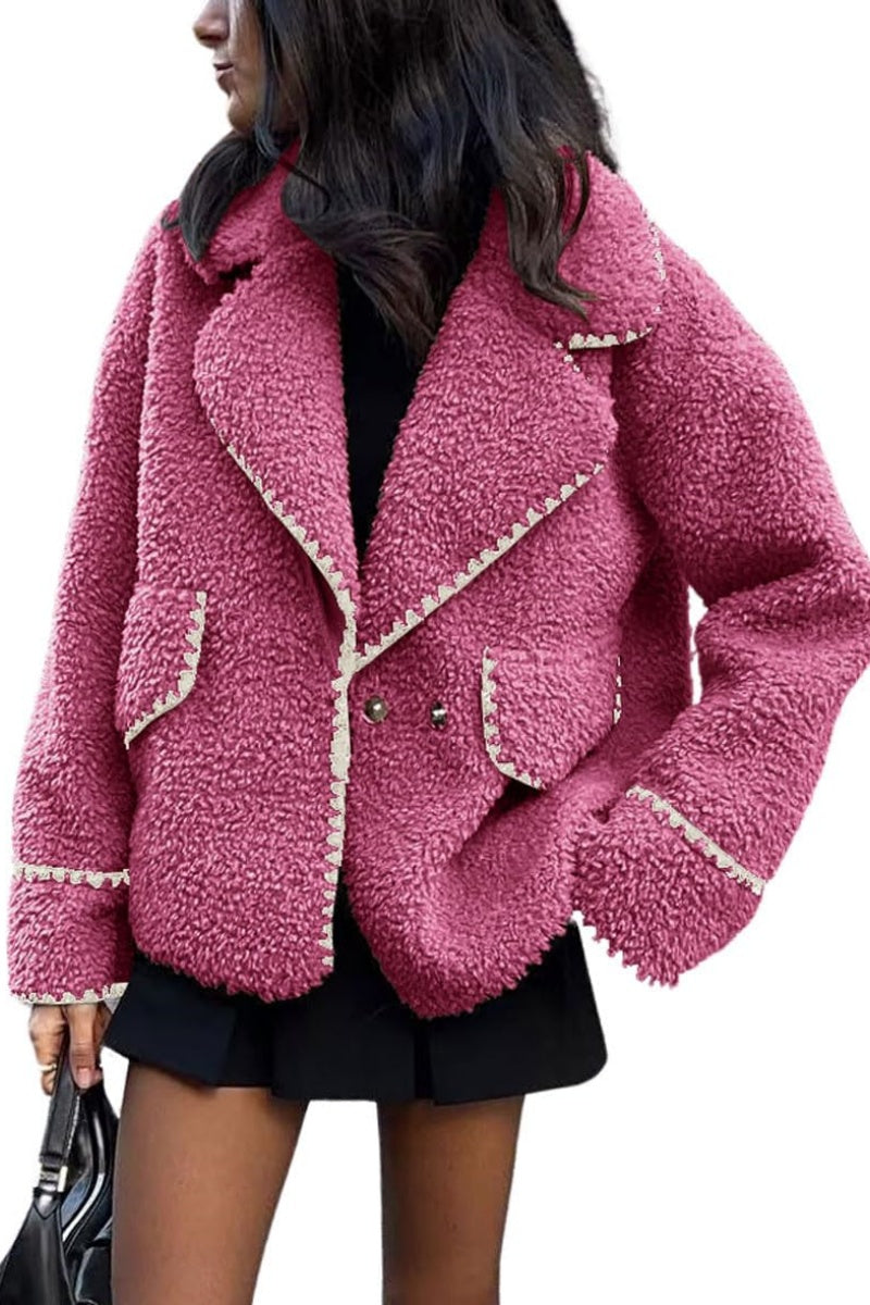 Chouyatou Women's Winter Casual Embroidered Sherpa Jacket Notch Lapel Fuzzy Faux Fur Fleece Jacket Coat