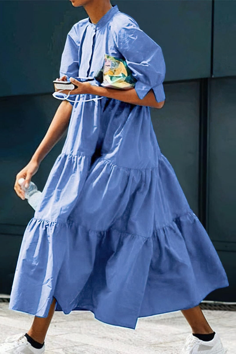 Chouyatou Women's Summer Puff Sleeve Maxi Tiered Babydoll Dress Casual A-Line Swing Long Shirt Dress