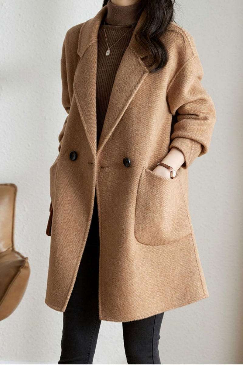 Chouyatou Women's Notch Lapel Herringbone Wool Coat Formal Office Work Double Breasted Winter Pea Coat