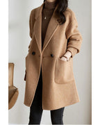 Chouyatou Women's Notch Lapel Herringbone Wool Coat Formal Office Work Double Breasted Winter Pea Coat