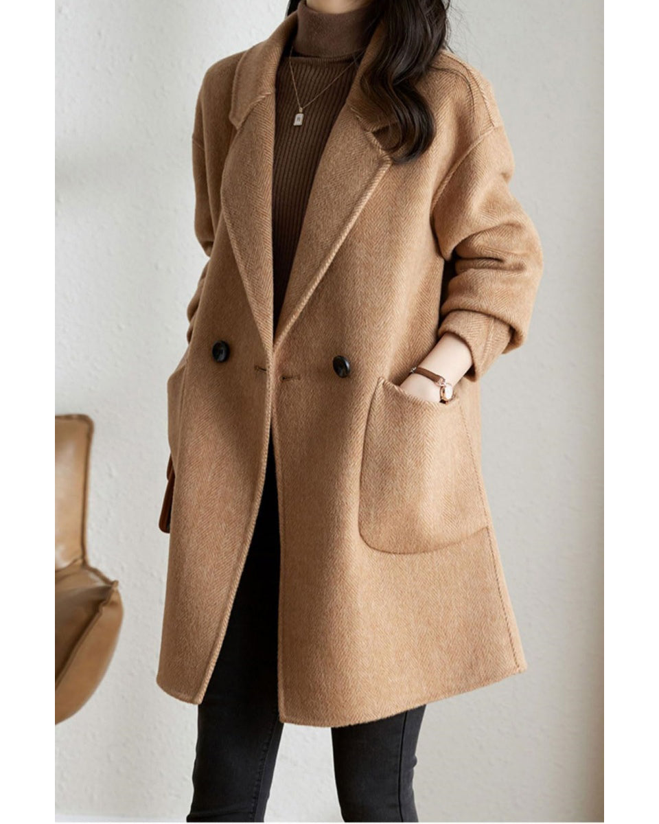 Chouyatou Women's Notch Lapel Herringbone Wool Coat Formal Office Work Double Breasted Winter Pea Coat