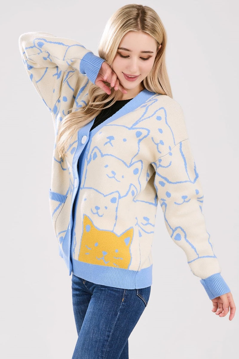 Chouyatou Women's Kawaii Cartoon Cat Cardigan Japanese Aesthetic Button Down Jacquard Knit Sweater Coat