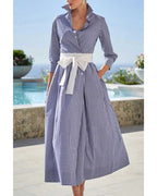 Chouyatou Women's Retro Plaid Button Up Maxi Shirt Dress 3/4 Sleeve Gingham Pocketed Long Dress with Belt