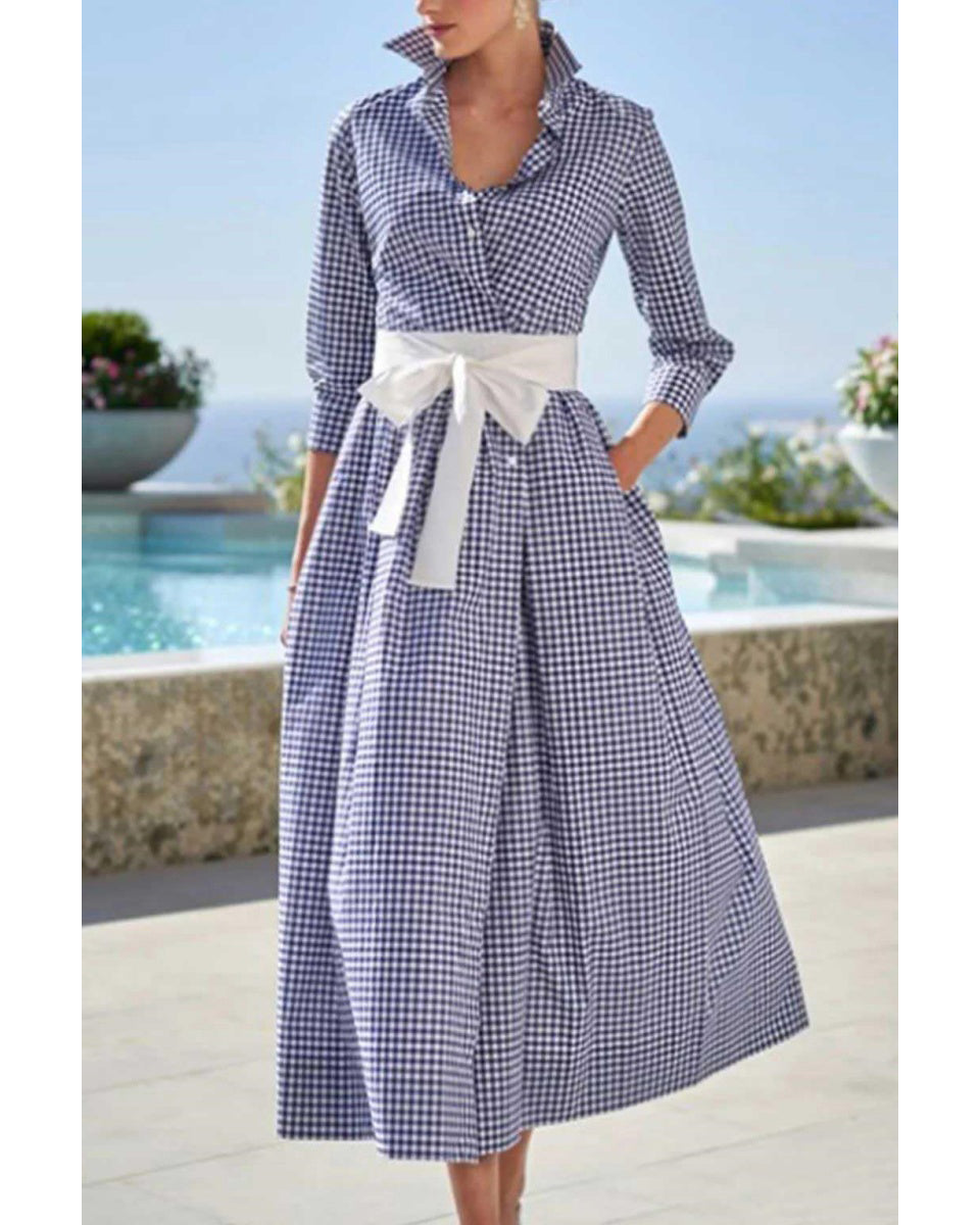 Chouyatou Women's Retro Plaid Button Up Maxi Shirt Dress 3/4 Sleeve Gingham Pocketed Long Dress with Belt