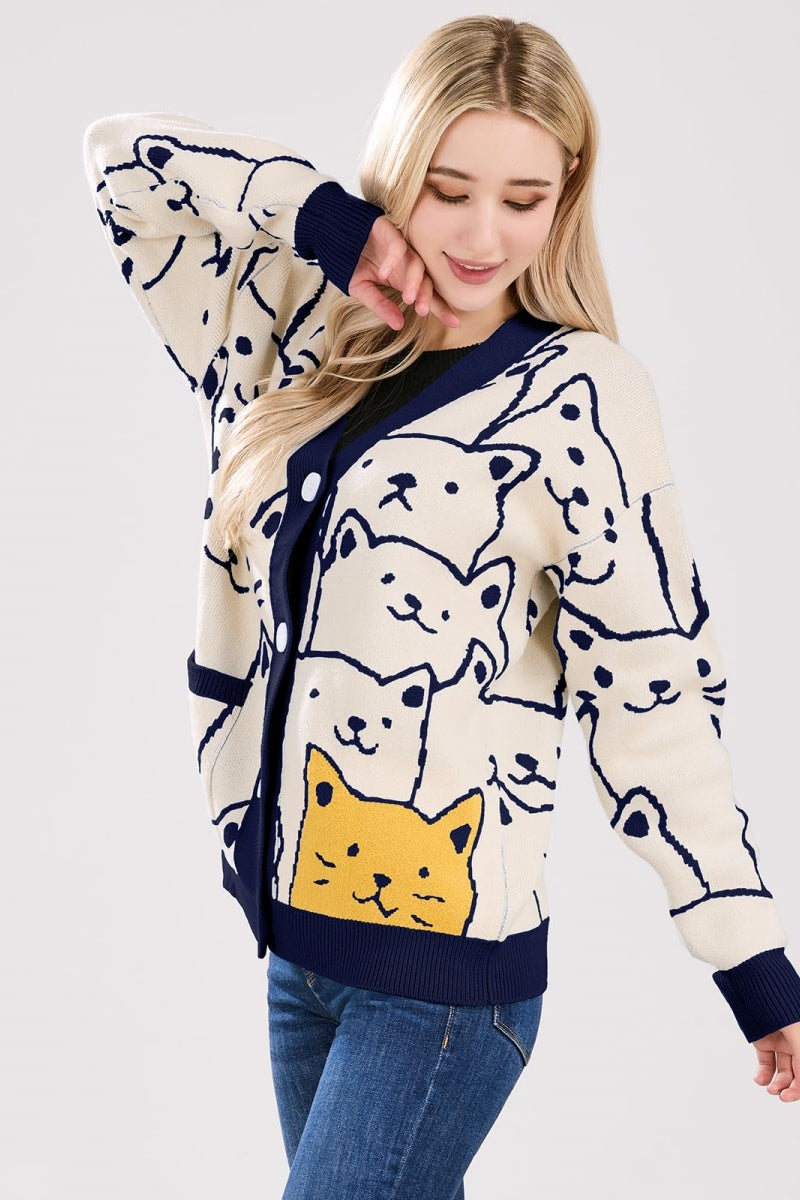 Chouyatou Women's Kawaii Cartoon Cat Cardigan Japanese Aesthetic Button Down Jacquard Knit Sweater Coat