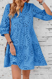 Chouyatou Women's 2025 Eyelet Lace Midi Dress V Neck Puff 3/4 Sleeve Button Tiered Sexy A Line Sun Dress