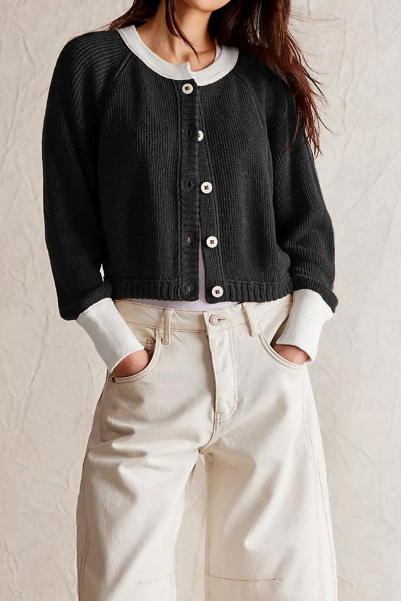Chouyatou Women Knitted Button Down Cropped Cardigan Jacket Sweater Y2k Fall Knit Color Block Sweater Crewneck Crop Short Coat
