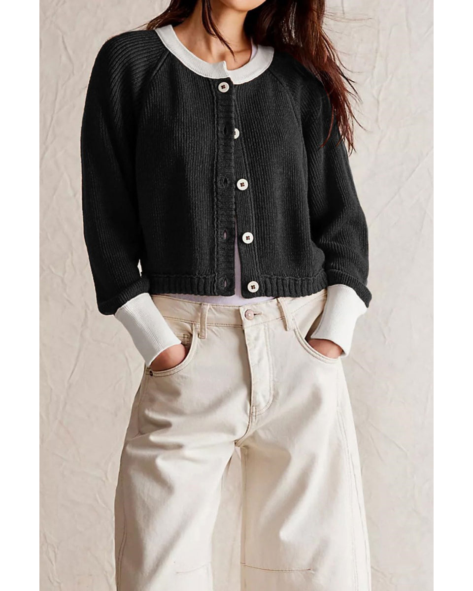 Chouyatou Women Knitted Button Down Cropped Cardigan Jacket Sweater Y2k Fall Knit Color Block Sweater Crewneck Crop Short Coat