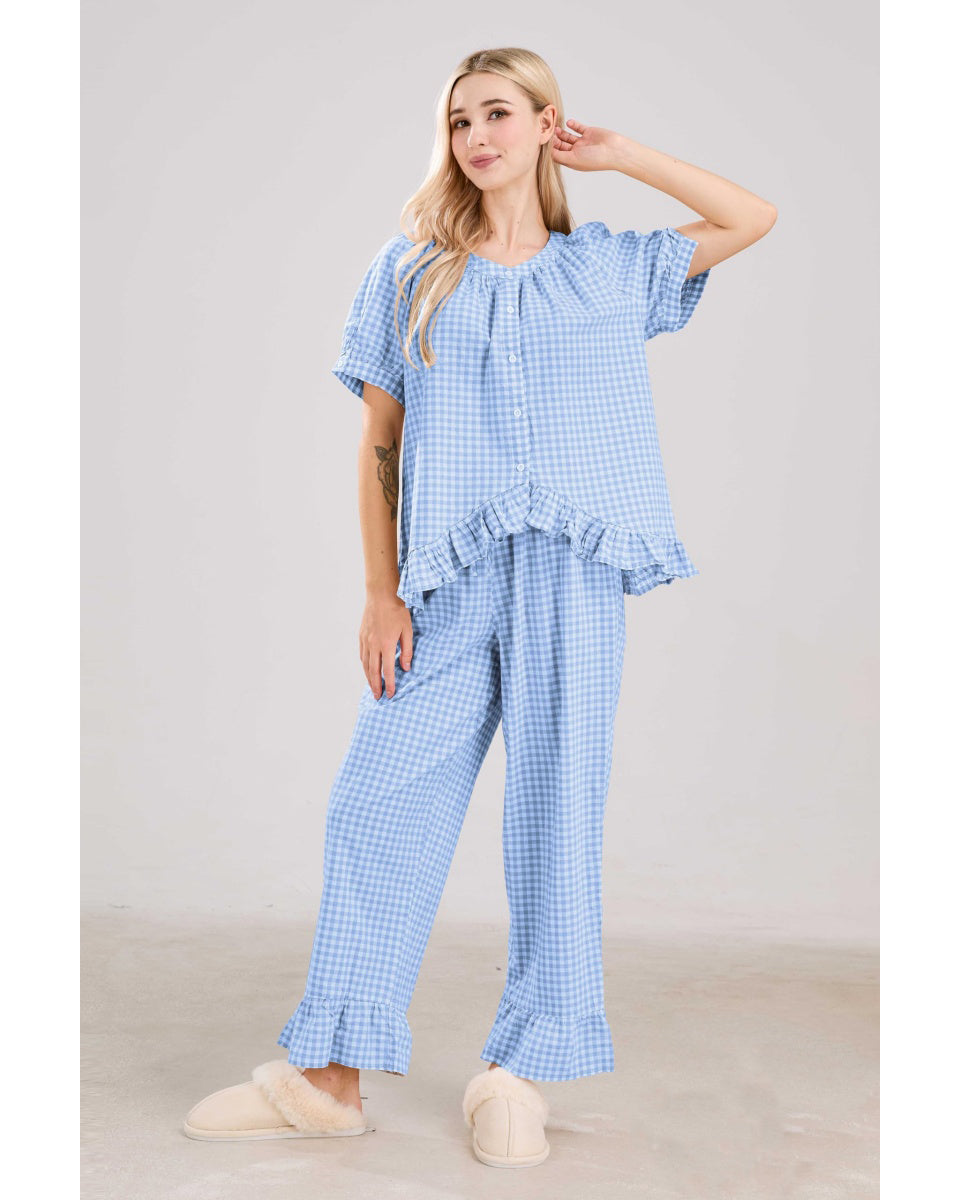Chouyatou Womens Gingham Pajama Set 2 Piece Short Sleeve Babydoll Shirt and Pants Lounge Set Cute Sleepwear
