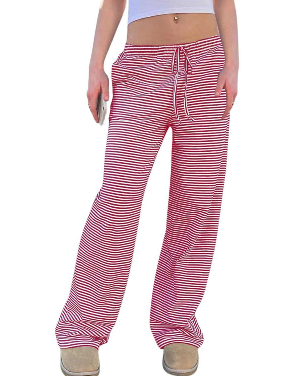 Chouyatou Womens Comfy Pajama Pants Striped Low Waisted Lounge Pants Elastic Waist Drawstring Long Trousers