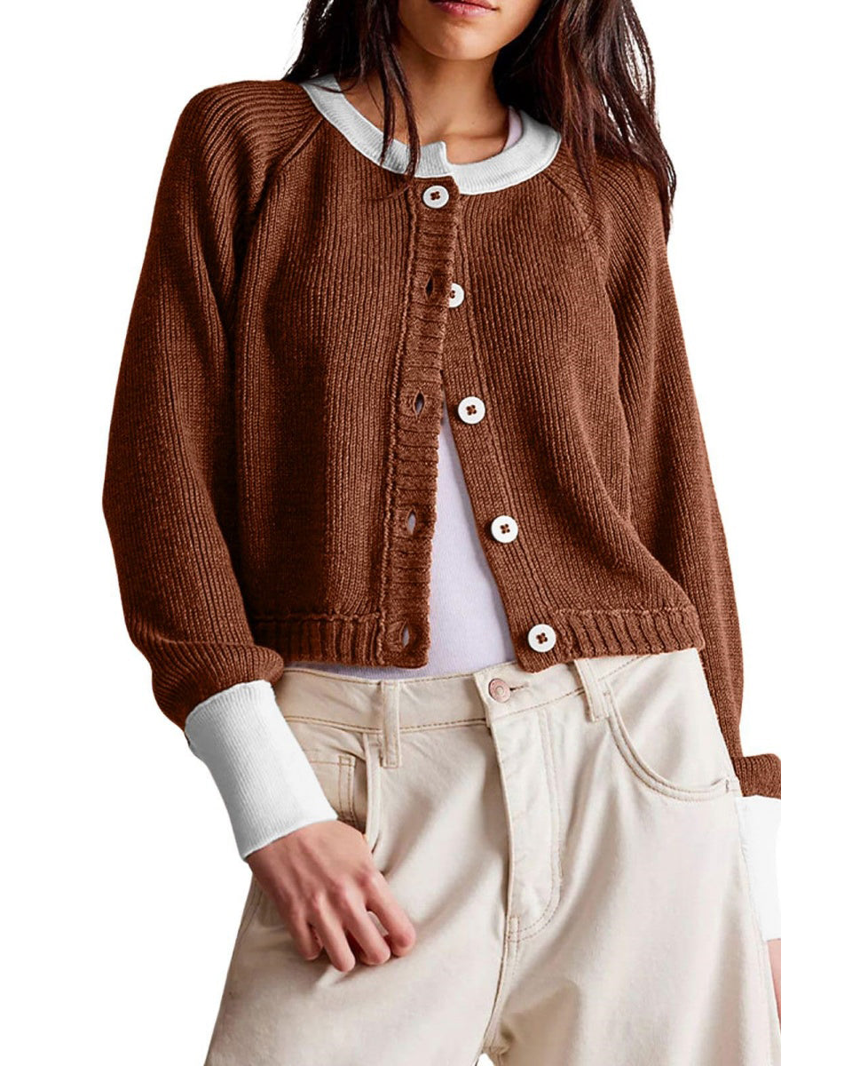 Chouyatou Women Knitted Button Down Cropped Cardigan Jacket Sweater Y2k Fall Knit Color Block Sweater Crewneck Crop Short Coat