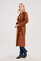 Chouyatou Womens Long Wool Pea Coats Notched Collar Open Front Woolen Blend Trench Coat with Belt