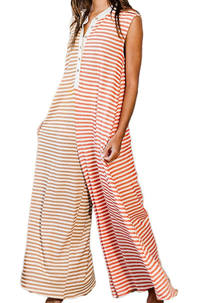 Chouyatou Loose Striped Wide Leg Jumpsuit for Women Summer Romper Flowy Pants Comfy Sleeveless Button Baggy Overalls