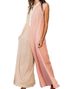 Chouyatou Loose Striped Wide Leg Jumpsuit for Women Summer Romper Flowy Pants Comfy Sleeveless Button Baggy Overalls