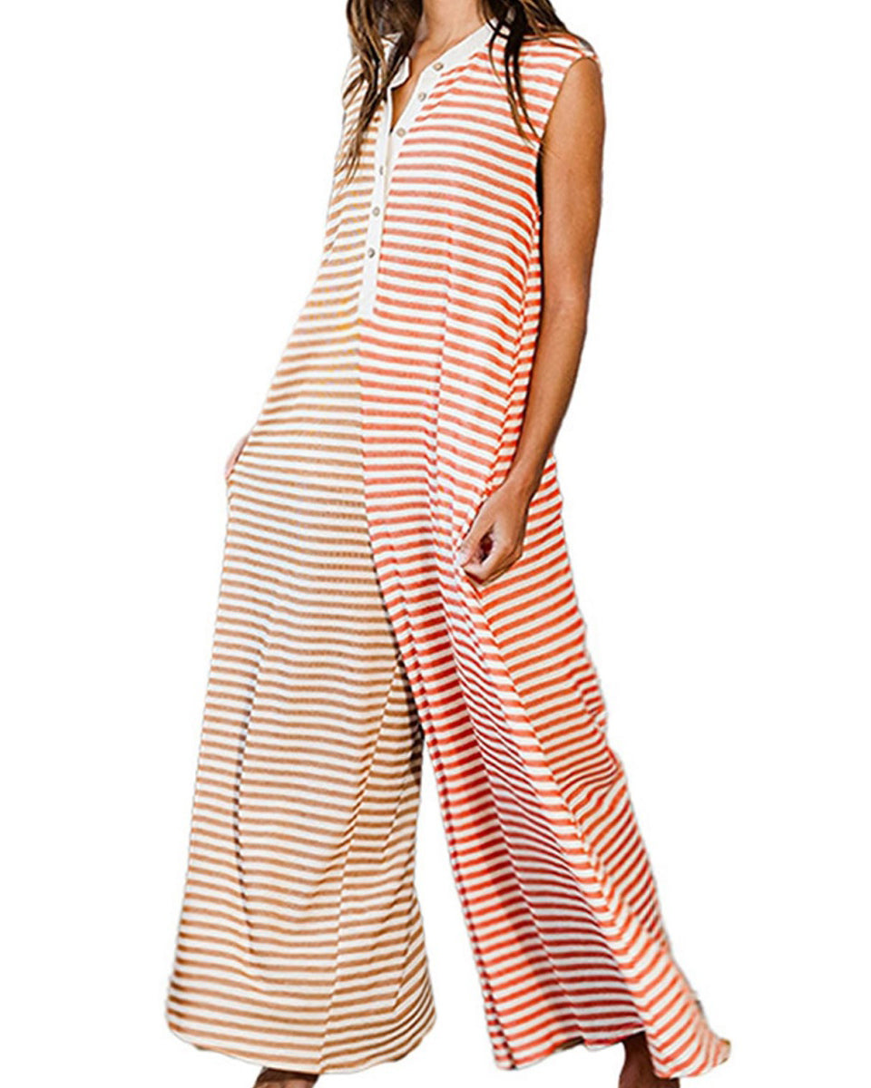 Chouyatou Loose Striped Wide Leg Jumpsuit for Women Summer Romper Flowy Pants Comfy Sleeveless Button Baggy Overalls