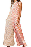 Chouyatou Loose Striped Wide Leg Jumpsuit for Women Summer Romper Flowy Pants Comfy Sleeveless Button Baggy Overalls