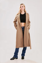 Chouyatou Womens Long Wool Pea Coats Notched Collar Open Front Woolen Blend Trench Coat with Belt