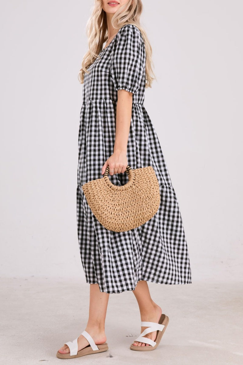 Chouyatou Women's Retro Lantern Puff Sleeve Plaid Dress Gingham Swing Tiered Midi Long Dress