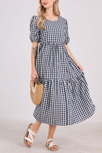Chouyatou Women's Retro Lantern Puff Sleeve Plaid Dress Gingham Swing Tiered Midi Long Dress