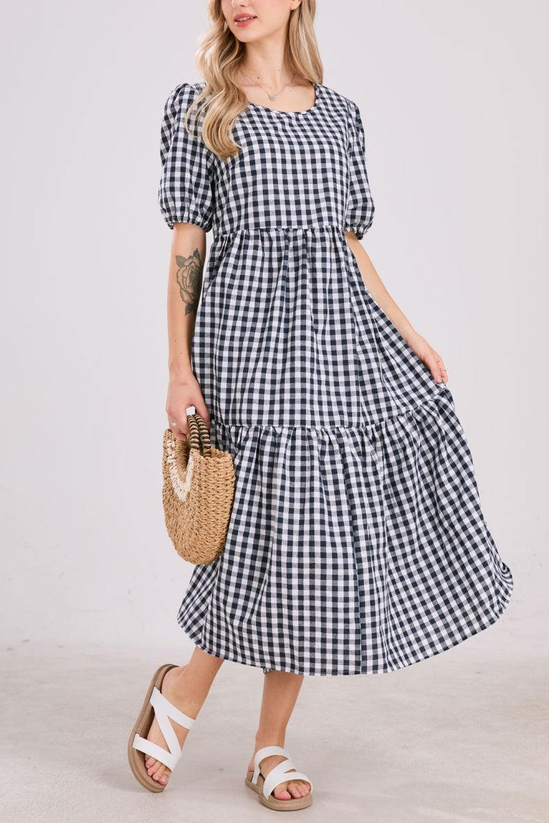 Chouyatou Women's Retro Lantern Puff Sleeve Plaid Dress Gingham Swing Tiered Midi Long Dress
