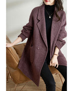 Chouyatou Women's Notch Lapel Herringbone Wool Coat Formal Office Work Double Breasted Winter Pea Coat