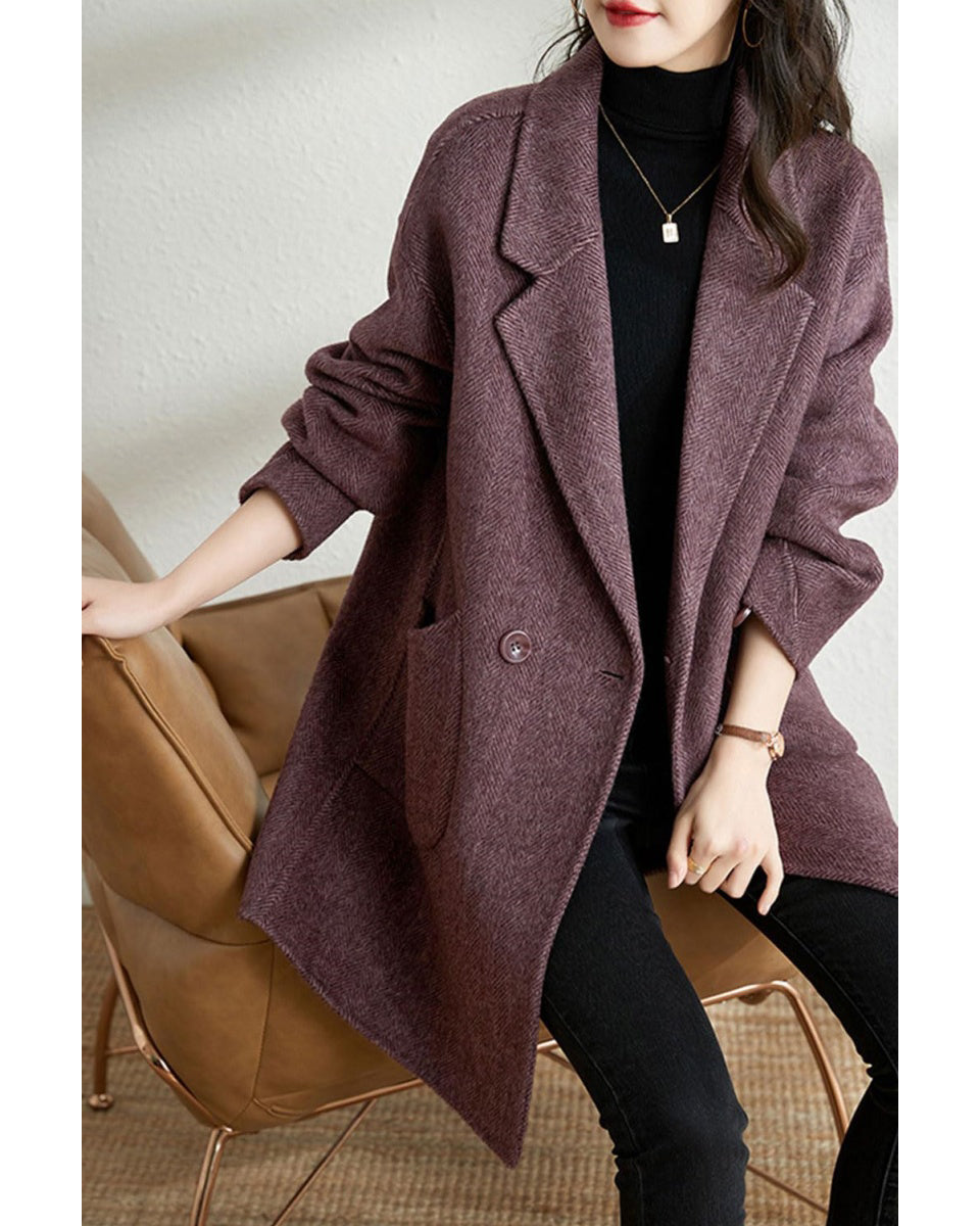 Chouyatou Women's Notch Lapel Herringbone Wool Coat Formal Office Work Double Breasted Winter Pea Coat