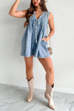 Chouyatou Womens Casual Sleeveless Tie Front Denim Romper Overall Shorts Summer Jean Romper With Pocket