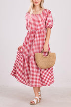 Chouyatou Women's Retro Lantern Puff Sleeve Plaid Dress Gingham Swing Tiered Midi Long Dress