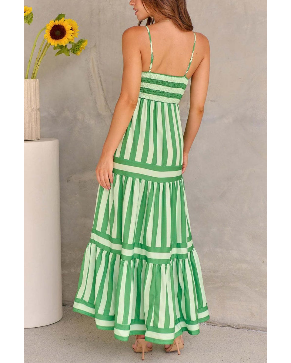Chouyatou Women Spaghetti Strap Back Smocked Maxi Striped Dress Summer Casual Floral Flowy Beach Sun Dress