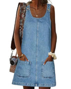 Chouyatou Women's Vintage Distressed Sleeveless Baggy Loose Denim Mini Dress with Pocket