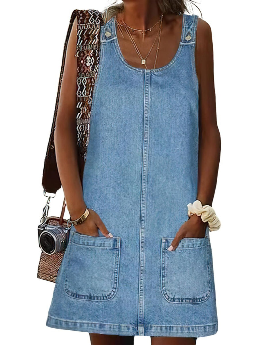 Chouyatou Women's Vintage Distressed Sleeveless Baggy Loose Denim Mini Dress with Pocket