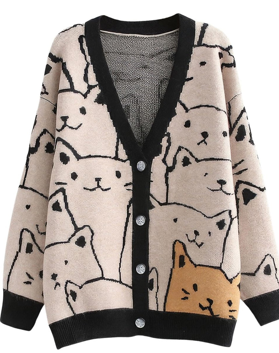 Chouyatou Women's Kawaii Cartoon Cat Cardigan Japanese Aesthetic Button Down Jacquard Knit Sweater Coat