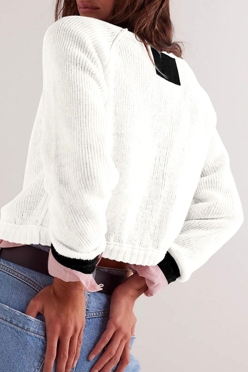 Chouyatou Women Knitted Button Down Cropped Cardigan Jacket Sweater Y2k Fall Knit Color Block Sweater Crewneck Crop Short Coat