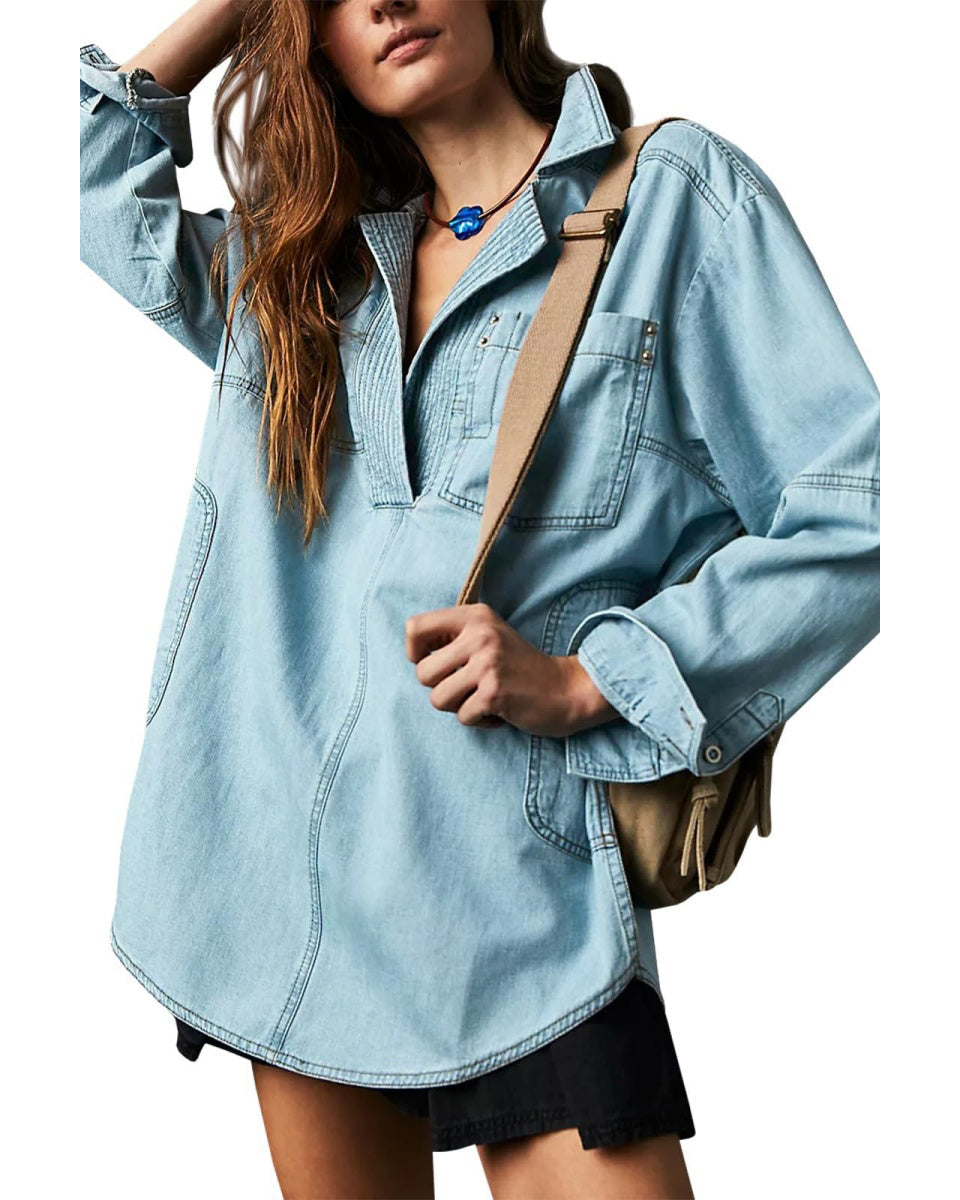 Chouyatou Women's Distressed V Neck Denim Jackets Boyfriend Loose Fit Bussiness Casual Jean Pullover Tops