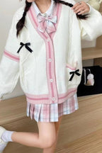 Chouyatou Womens Kawaii Cute Bowknot Cable Knit Cardigans Sheep V Neck Button Down Slouchy Preppy Wool Blend Sweater Coat