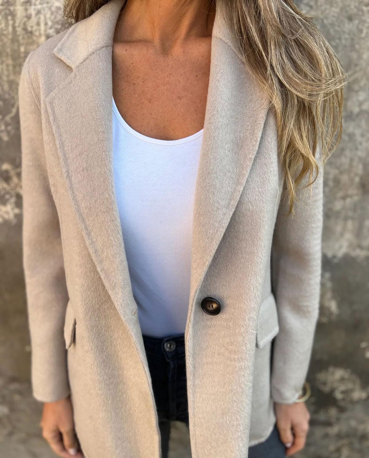 Chouyatou Women Solid Color Blazer Wool Blend Causal Business Office Open Front Short Jacket Pea Coat