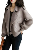 Chouyatou Women Cropped Wool Coats Notched Lapel Pea Coat Open Front Trench Overcoat Jackets with Pockets