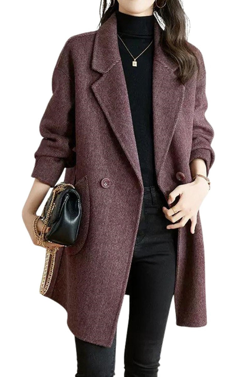 Chouyatou Women's Notch Lapel Herringbone Wool Coat Formal Office Work Double Breasted Winter Pea Coat