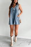 Chouyatou Womens Casual Sleeveless Tie Front Denim Romper Overall Shorts Summer Jean Romper With Pocket