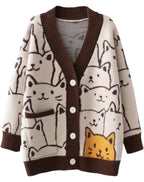 Chouyatou Women's Kawaii Cartoon Cat Cardigan Japanese Aesthetic Button Down Jacquard Knit Sweater Coat