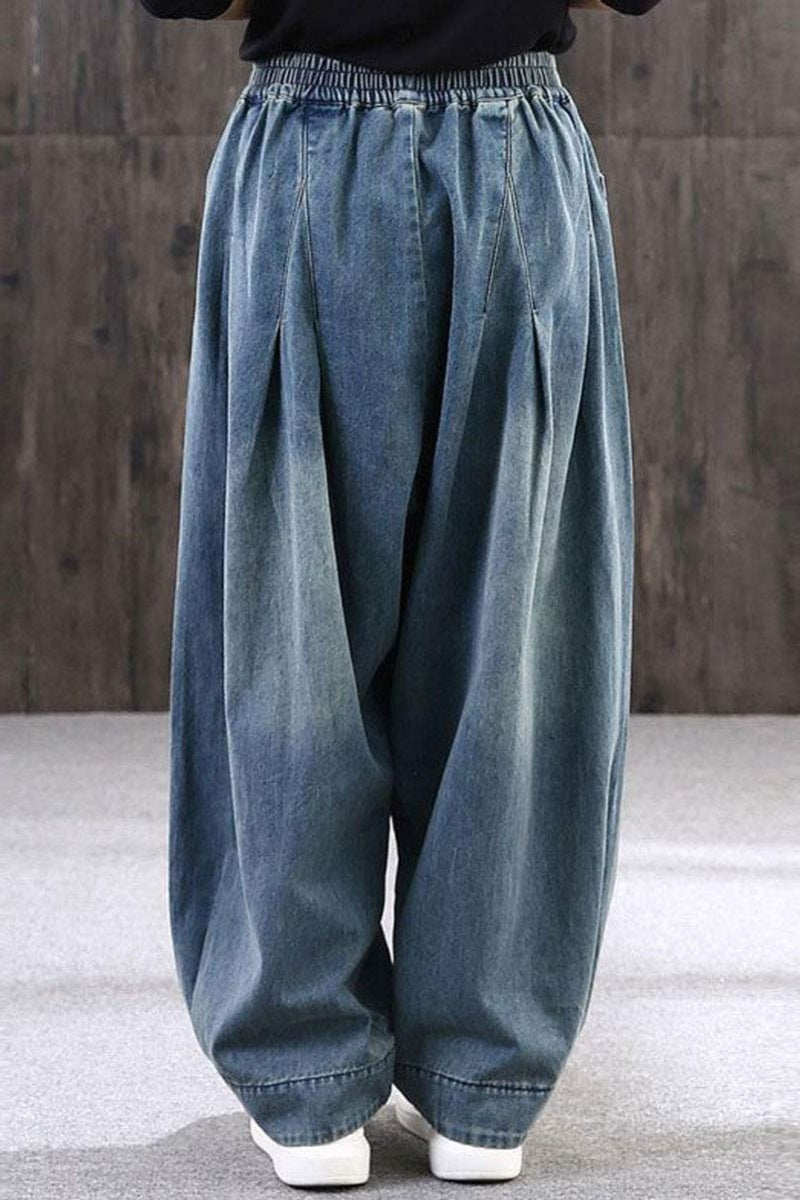 Chouyatou Women's Denim Harem Pants Elastic Waist Pleated Wide Leg Baggy Jeans