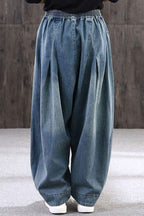 Chouyatou Women's Denim Harem Pants Elastic Waist Pleated Wide Leg Baggy Jeans